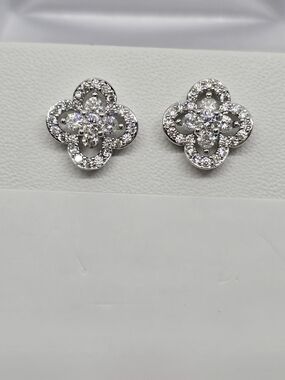 Diamond Flower Cluster Stud Earrings - Silver Tone